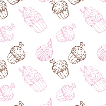 Vintage cupcake background outline with pink and brown colors