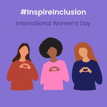 Inspire Inclusion slogan International Women's Day 8 march 2024. Iwd world campaign. Vector women's characters on violet background.