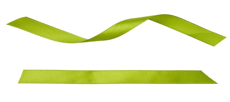 Twisted green satin ribbon isolated. Decor for gift wrapping