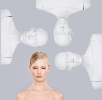 Woman, makeup and mannequin in studio for beauty, cosmetics and topless on white background for wellness. Dummy, perfection and female person with skincare for glow, dermatology and lifestyle