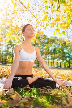 Woman, park and mediation on relaxation with peace for stress relief, break and focus for comfort and wellness. Spirituality, serenity and awareness for selfcare with calm, mindful and positivity.