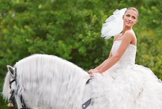 Bride, woman and riding with horse outdoor or happiness for celebration, marriage or confidence on mockup space. Wedding, person and stallion on lawn in field with smile, dress and animal at ceremony