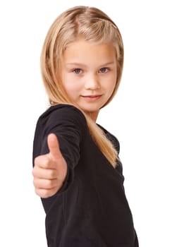 Pointing, vote and portrait of child in studio for decision, idea and announcement. Feedback, review and advertising emoji with young girl and gesture to you on white background for show and sign