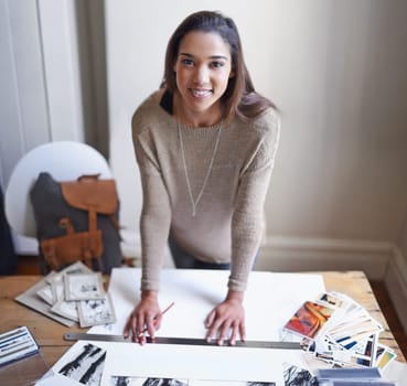Happy, business woman and portrait of graphic designer drawing on paper with ruler in startup for remote work. Person, face and smile of creative professional at table with pencil in Brazil at home