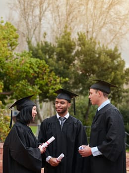 Graduation, conversation and student friends on campus together for university or college education. Smile, happy or talking with group of graduate men and women outdoor at school for scholarship