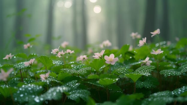 A bunch of pink flowers with dew on them in a forest, AI