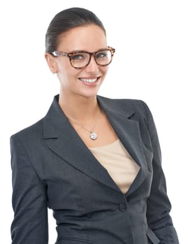 Businesswoman, glasses and consultant in studio portrait, professional and optometry on white background. Female person, eyewear and entrepreneur confident for startup company, optical care and smile