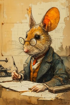 A painting of a mouse wearing glasses and writing at the desk, AI