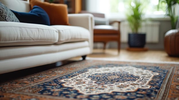 A close up of a living room with an oriental rug and couch, AI