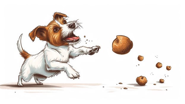 A drawing of a dog catching an apple with its mouth, AI