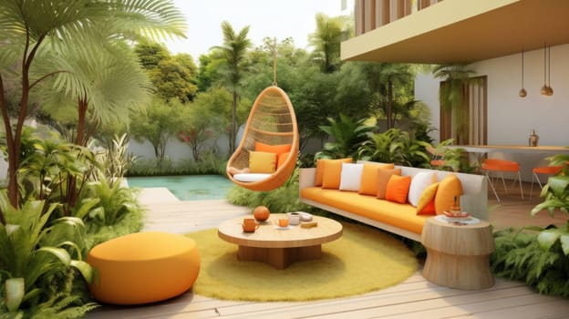 A living room filled with furniture next to a pool, AI