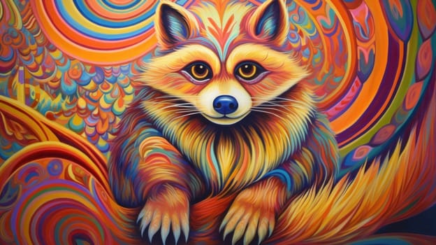 A painting of a fox with a colorful swirly background, AI