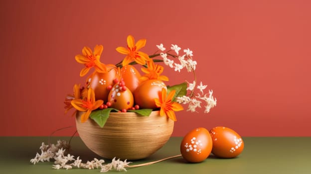 A wooden bowl filled with eggs and flowers, AI