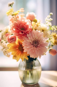 A vase filled with pink and yellow flowers, AI