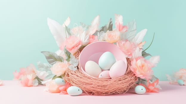 A nest filled with eggs and flowers on a pink surface, AI