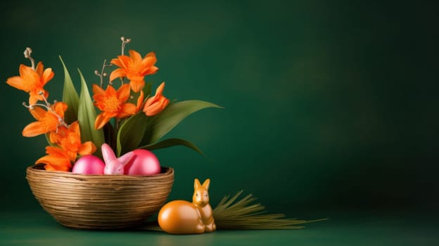 A basket filled with easter eggs and flowers, AI