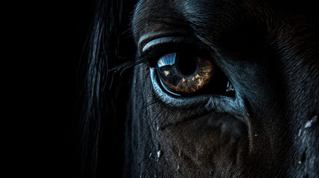 A close up of a horse's eye with the pupil dilated, AI