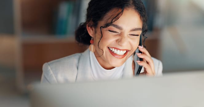 Business woman, computer and phone call in night, office and networking for deal, lead and smile for negotiation. Entrepreneur, smartphone and pc with happy conversation, thinking and dark workplace.