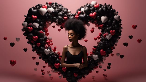 A woman with afro hair surrounded by hearts and balloons, AI