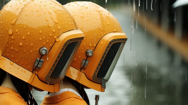 Two people wearing yellow helmets standing in the rain, AI