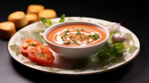 A plate of a bowl filled with tomato soup and bread, AI