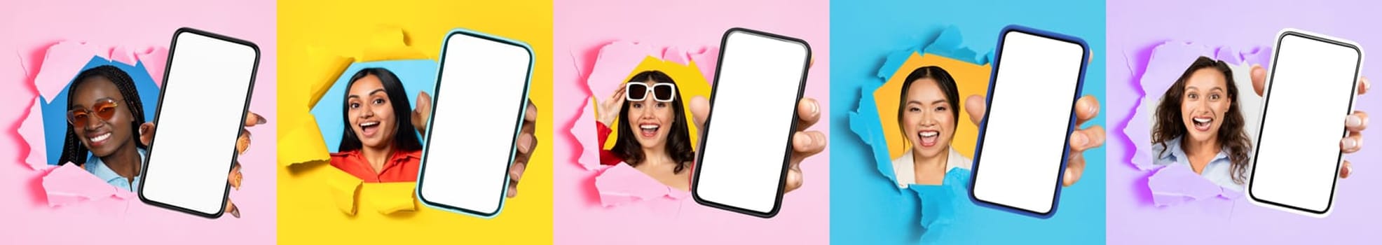 Vibrant, cheerful people with stylish sunglasses showcasing blank smartphones through torn colorful paper
