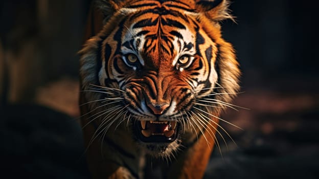 A tiger with a big mouth and bright eyes staring at the camera, AI