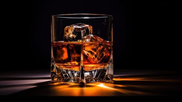 A glass of whiskey with ice cubes in a dark room, AI