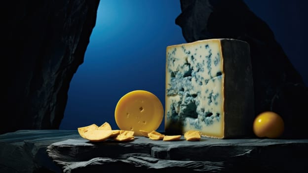 A mold cheese and a piece of fruit sit on top of rocks, AI