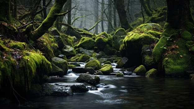 A stream of water flowing through a forest filled with moss, AI