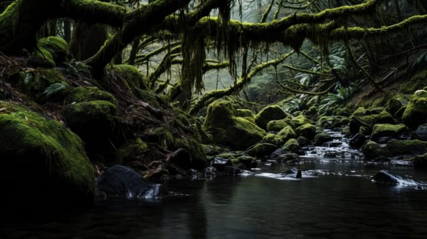 A stream of water flowing through a forest filled with moss, AI