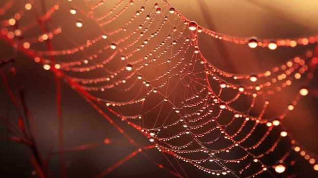 A spider web with dew drops on it in the evening, AI