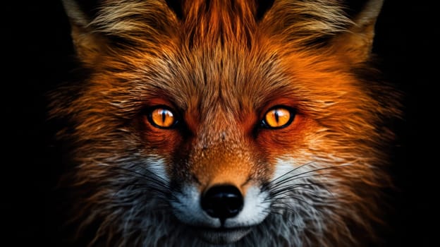 A close up of a fox with orange eyes and glowing yellow teeth, AI