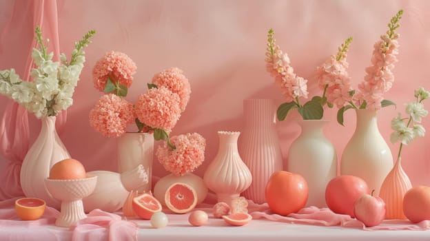A bunch of vases filled with flowers and fruit on a table, AI