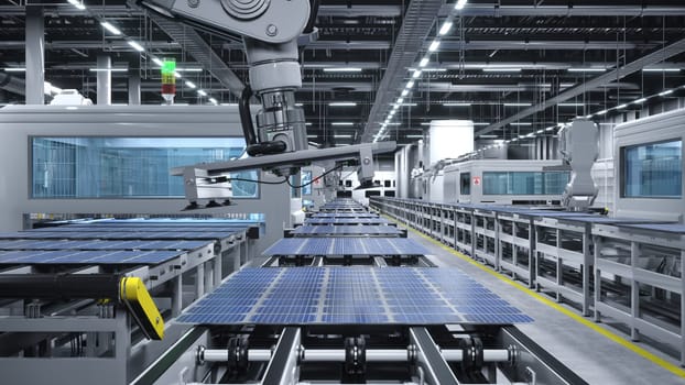 Mass production facility producing solar cells, 3D illustration