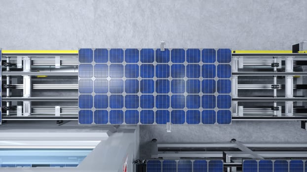 Aerial shot of photovoltaic cell on assembly line, 3D illustration