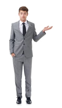 Studio, portrait and confused businessman in presentation offer for opinion, choice or decision. Announcement, opportunity or business promotion with man showing mockup space on white background.