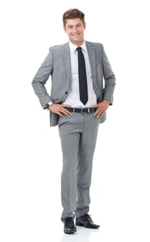 Confident, white background and portrait of business man with pride, happy and corporate style for work. Professional, fashion and isolated person smile for career, job and opportunity in studio