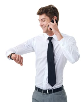 Phone call, time and smile with business man in studio isolated on white background for appointment. Mobile, contact and happy young employee checking watch for communication or networking schedule