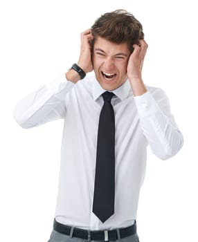 Studio, angry and young businessman for frustrated in mockup and office worker with stress in job. Attorney, migraine and crazy with law career or burnout, noise and mental health by white background