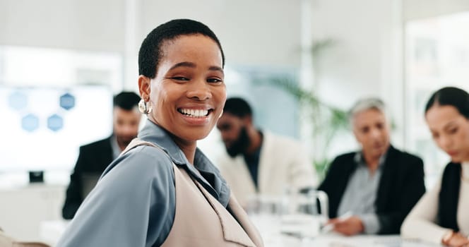 Office, meeting and face of business black woman with team for planning, startup and collaboration. Corporate, career and portrait of happy worker with staff for discussion, feedback and presentation