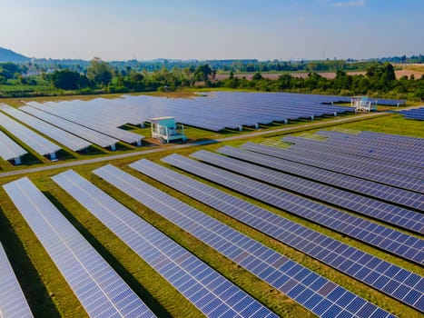 Solar panels sun power on the field in summer aerial view in Thailand Solar panel field