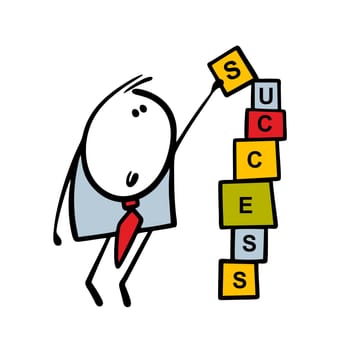 Satisfied businessman puts a cube with a letter on top. Vector illustration of the business concept of creating success, striving for goal, creating financial well-being.