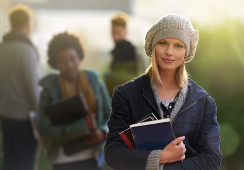 Student, woman and portrait with books outdoor, education and learning material in winter for studying. School, scholarship and university for academic growth, textbook or notebook with knowledge