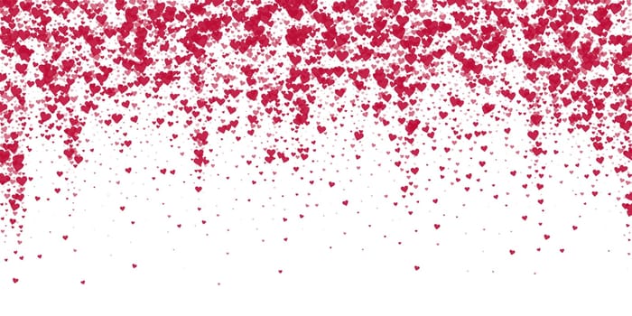 Valentine hearts, flying, falling down, floating. Red hearts scattered on white background. Lovable valentine hearts vector illustration.