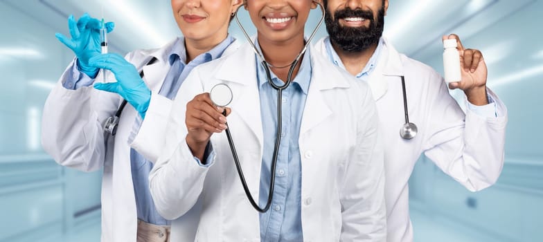 A diverse team of medical professionals with a syringe, stethoscope