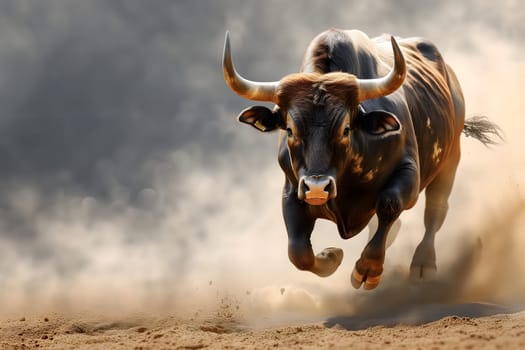 Running bull with dust and copy space.