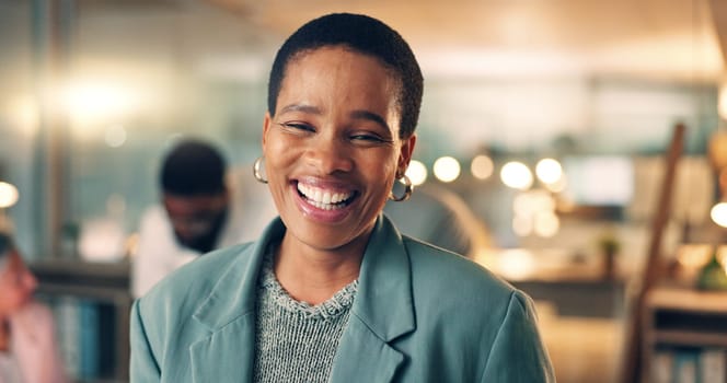 Face, business and black woman with arms a smile, meeting or career with teamwork, success or brainstorming. Portrait, African person or employee with cooperation, staff or professional with planning