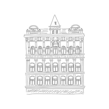 Old Europe building facade with arched windows, architectural sketch
