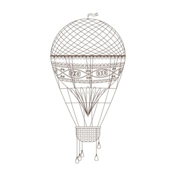 Hot air balloon sketch, antique transport for travel on sky, monochrome sketch